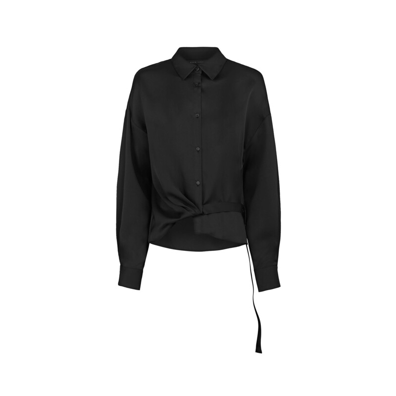 sdeer圣迪奥女装时尚休闲翻领收腰压褶不规则长袖衬衫S24180507