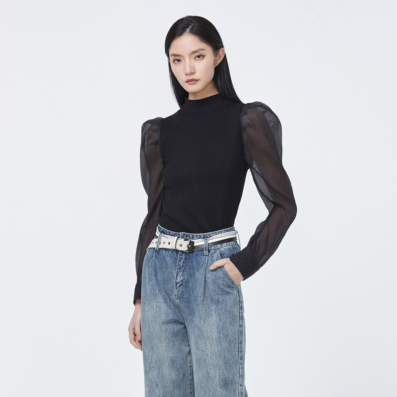 S·DEER圣迪奥女装圆领时尚泡泡袖网纱拼接修身针织衫S22183511
