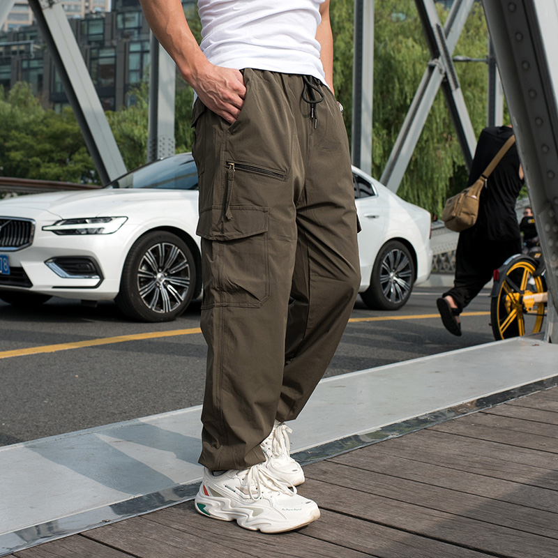 春夏薄款弹力束脚裤子 凉感冰丝男士休闲九分裤 多口袋工装长裤男