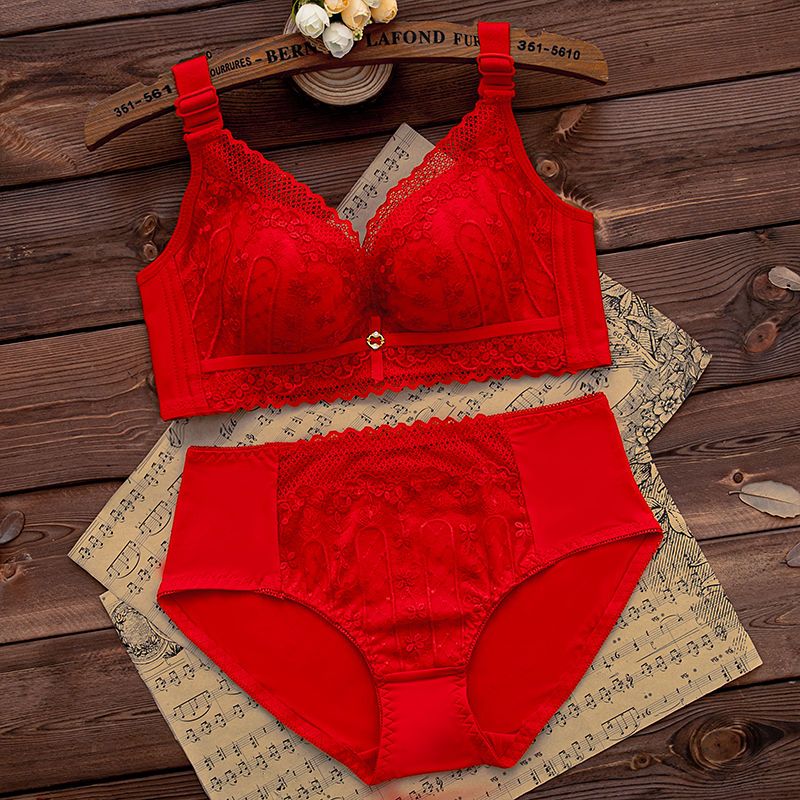 都市丽人无磁本命年内衣套装女无钢圈厚薄款小胸聚拢大红色文胸罩