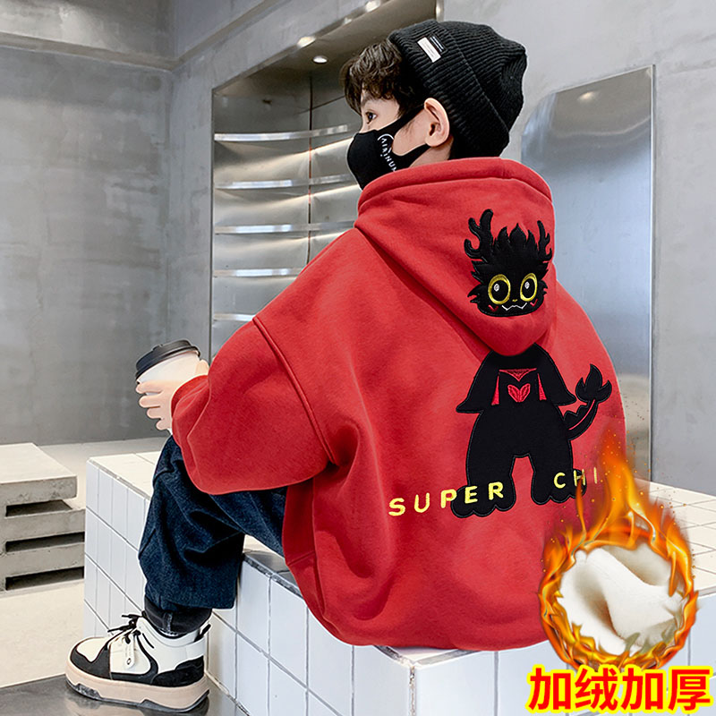 男童红色龙年卫衣秋冬款2024新款新年儿童加厚加绒冬季本命年上衣