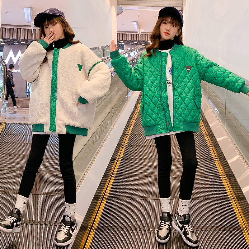 女童春秋冬款两面穿外套洋气女孩大儿童装加棉毛毛衣仿羊羔毛加绒
