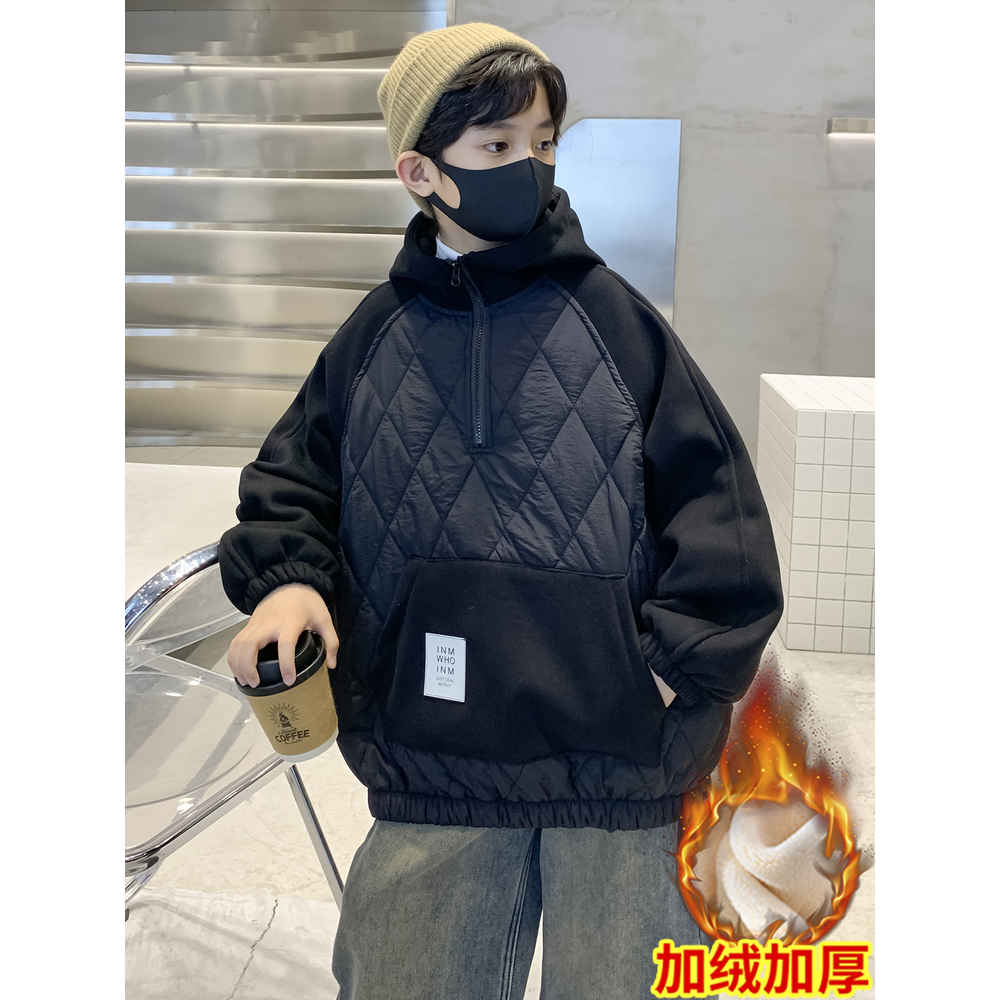 儿童装男童一体加绒卫衣秋冬款2023新款加厚保暖冬季男孩上衣大童