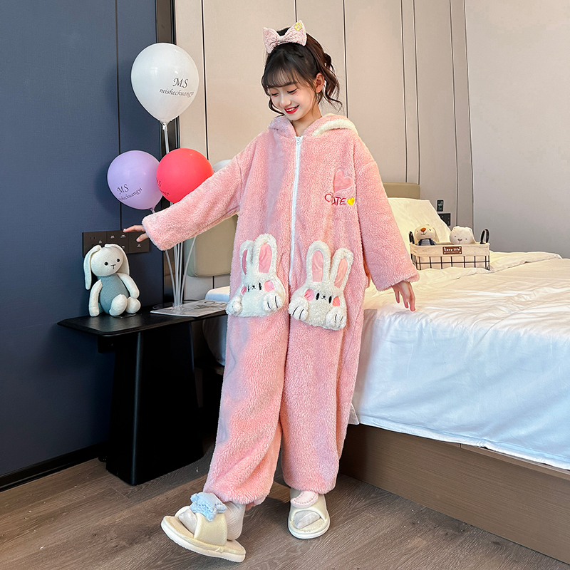 女童春秋冬款睡衣大女孩儿童珊瑚法兰加绒家居服连体衣潮8岁加厚9