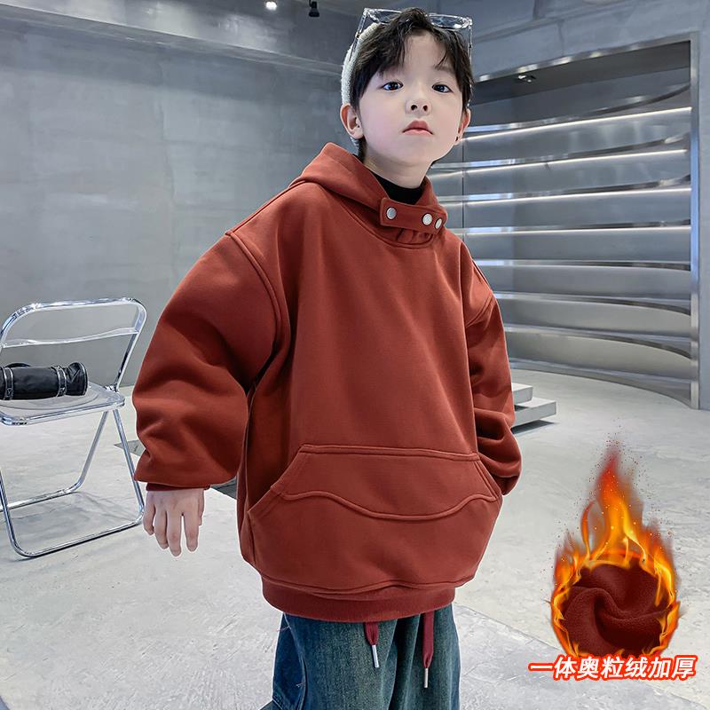 男童冬装加绒加厚卫衣2023新款儿童冬季加厚一体奥粒绒连帽上衣潮