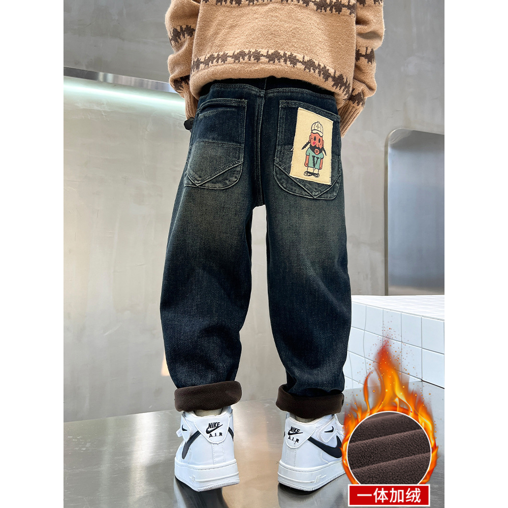 儿童装男童一体加绒加厚裤子秋冬款2023新款冬季中大童保暖牛仔裤