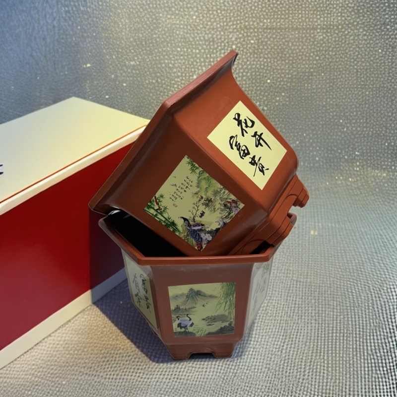 380彩色六角盆景加厚款花盆2个带托盘（对角30高21左右）