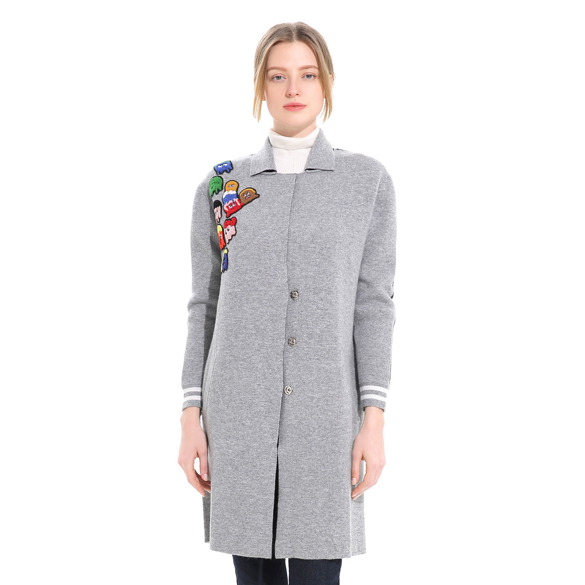 JETEZO时尚拼接贴布刺绣保暖女式气质针织外套62708D1