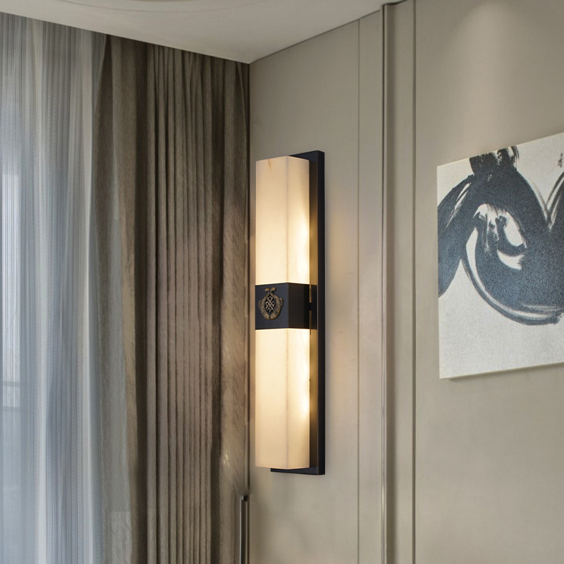 新中式全铜天然云石壁灯客厅背景墙中国风卧室床头灯过道走廊壁灯