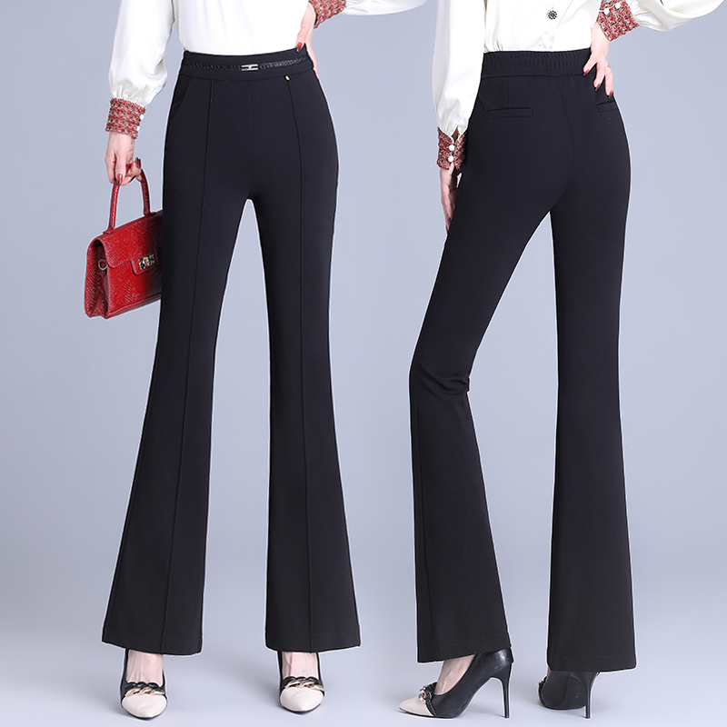 2024春秋季新款半松紧腰直筒微喇休闲裤女士显瘦高腰时尚百搭黑色