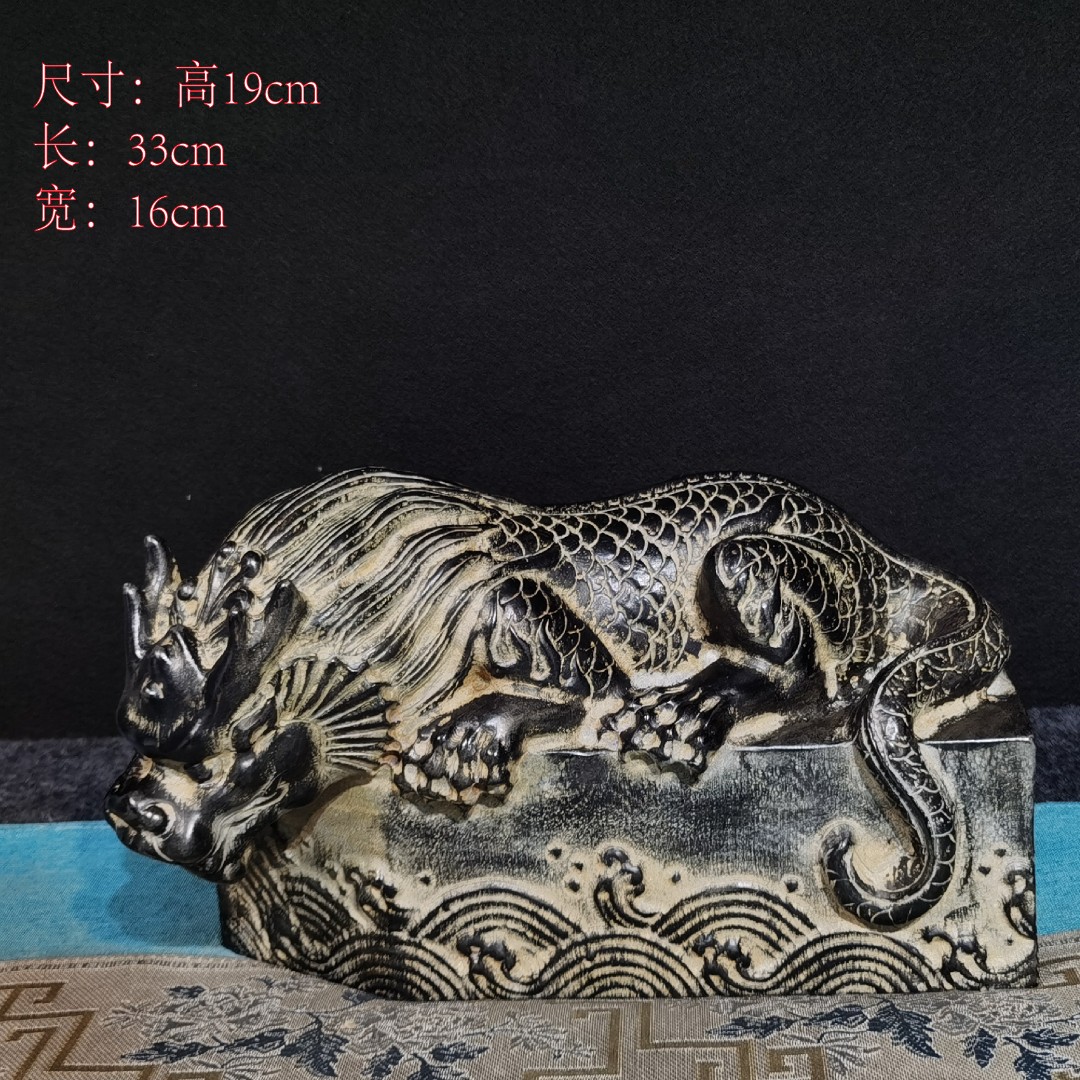 山西天然青石石雕桌面摆件（30cm镇水兽雕刻龙纹工艺品精美）