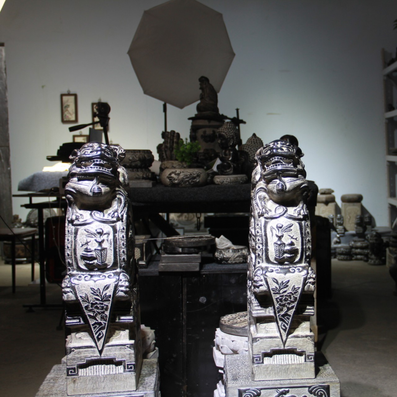 山西精美青石石雕书房潮玩落地造景摆件工艺品（60CM狮子抱鼓石墩）