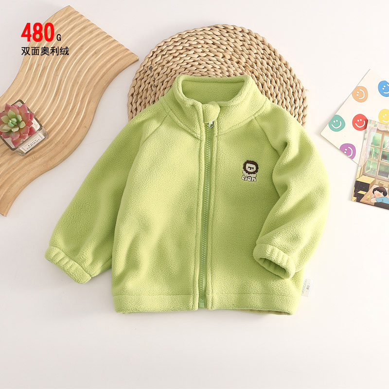 男童双面奥利绒外套女宝宝保暖上衣秋冬儿童加绒开衫小童立领外穿