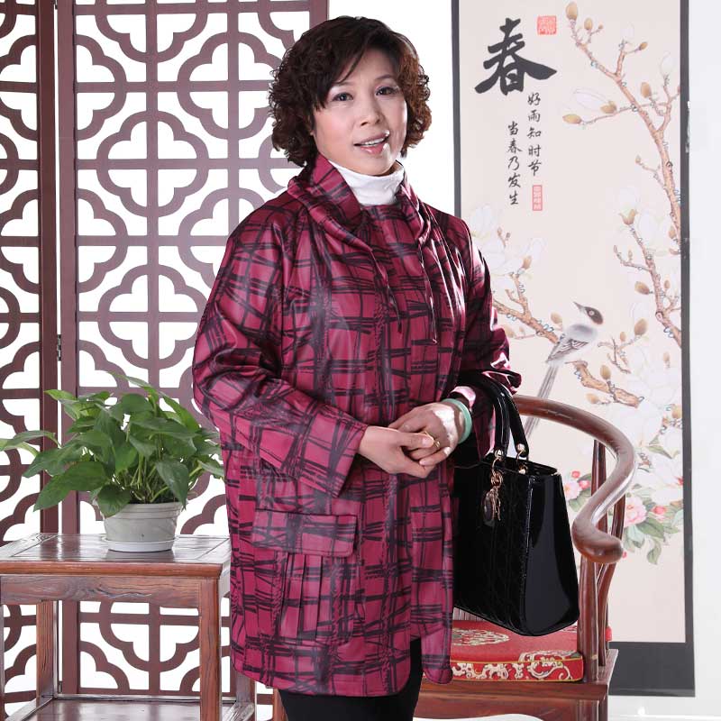 中老年女装时尚洋气喜庆中长款立领风衣妈妈婆婆装外穿上衣外套