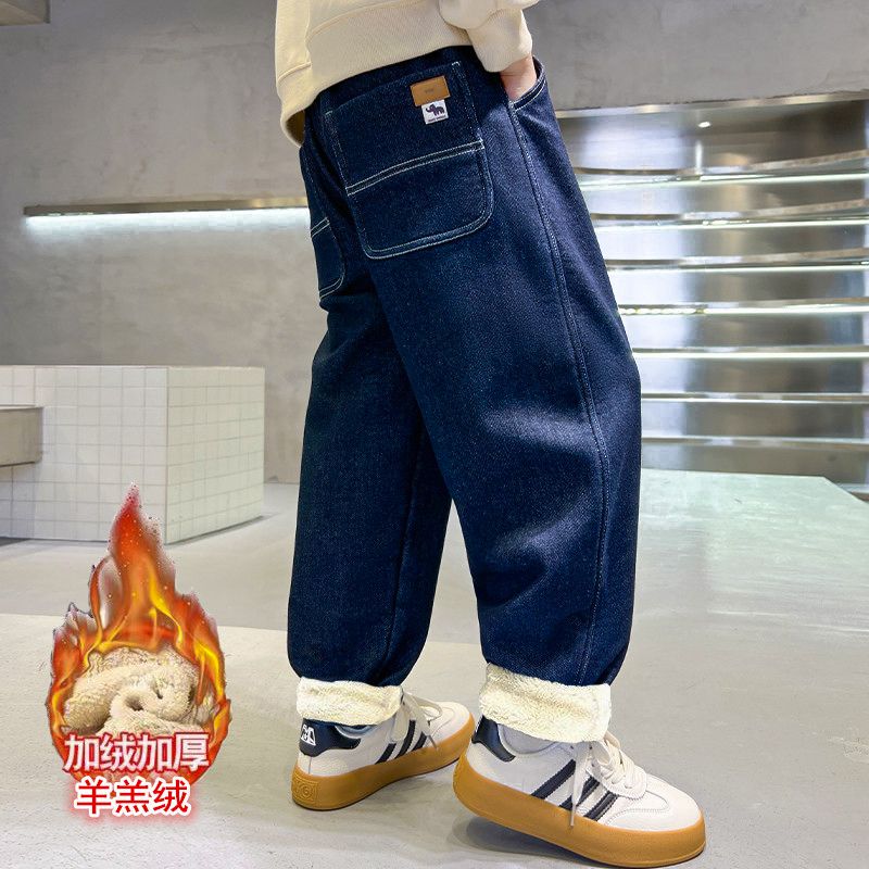 新品巴拉巴拉男童加绒裤子羊羔绒秋冬大儿童一体绒牛仔裤冬季加厚