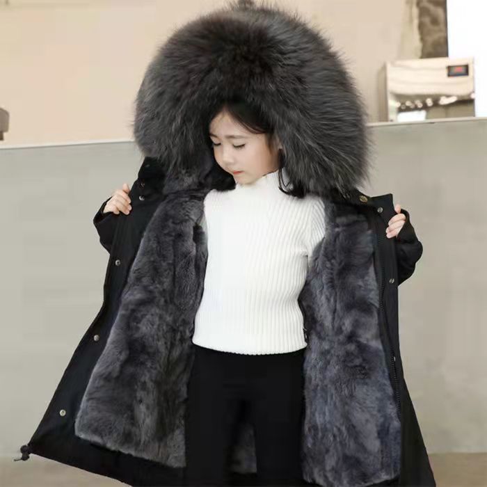 新品巴拉巴拉儿童派克服獭兔毛皮草外套冬新款男女童加绒中长款大