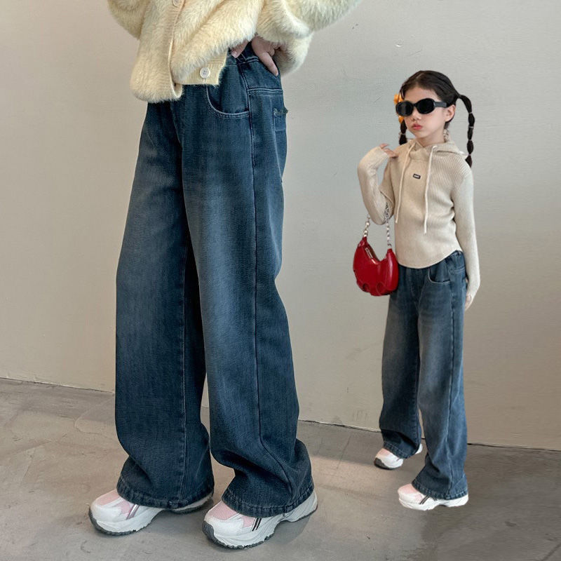 新品巴拉巴拉女童牛仔裤2023秋冬新款宽松高腰显瘦直筒休闲裤一体