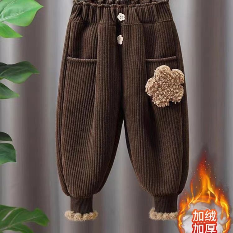 儿童加绒裤子一体绒冬装新款女宝宝保暖灯芯绒休闲裤小童加绒棉裤