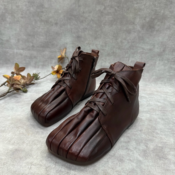 2024秋冬新款复古褶皱民族风短靴子侧拉链马丁靴平软底单靴子女