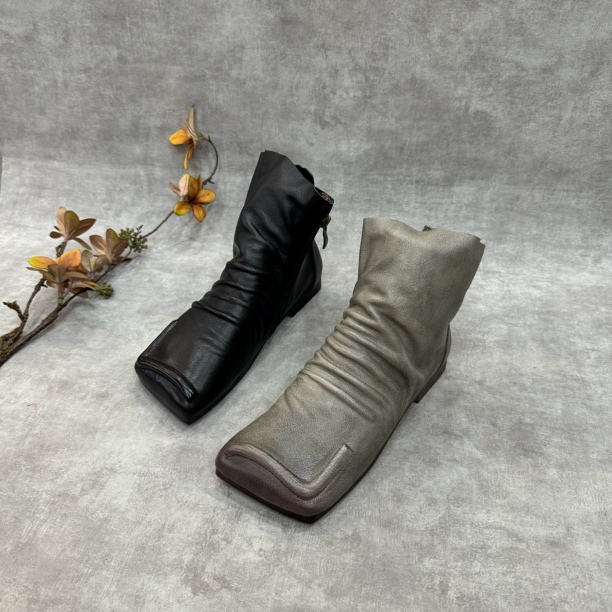 2024秋冬新款复古倒靴平底褶皱短靴子女单靴真皮靴子女堆堆靴