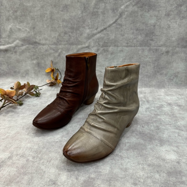 手工真皮女鞋2024年秋冬新款牛皮尖头粗跟侧拉链短靴马丁靴