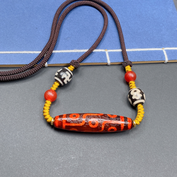 红肉橘皮九眼玛瑙项链民族风手工编绳男女款横款吊坠配珠随机