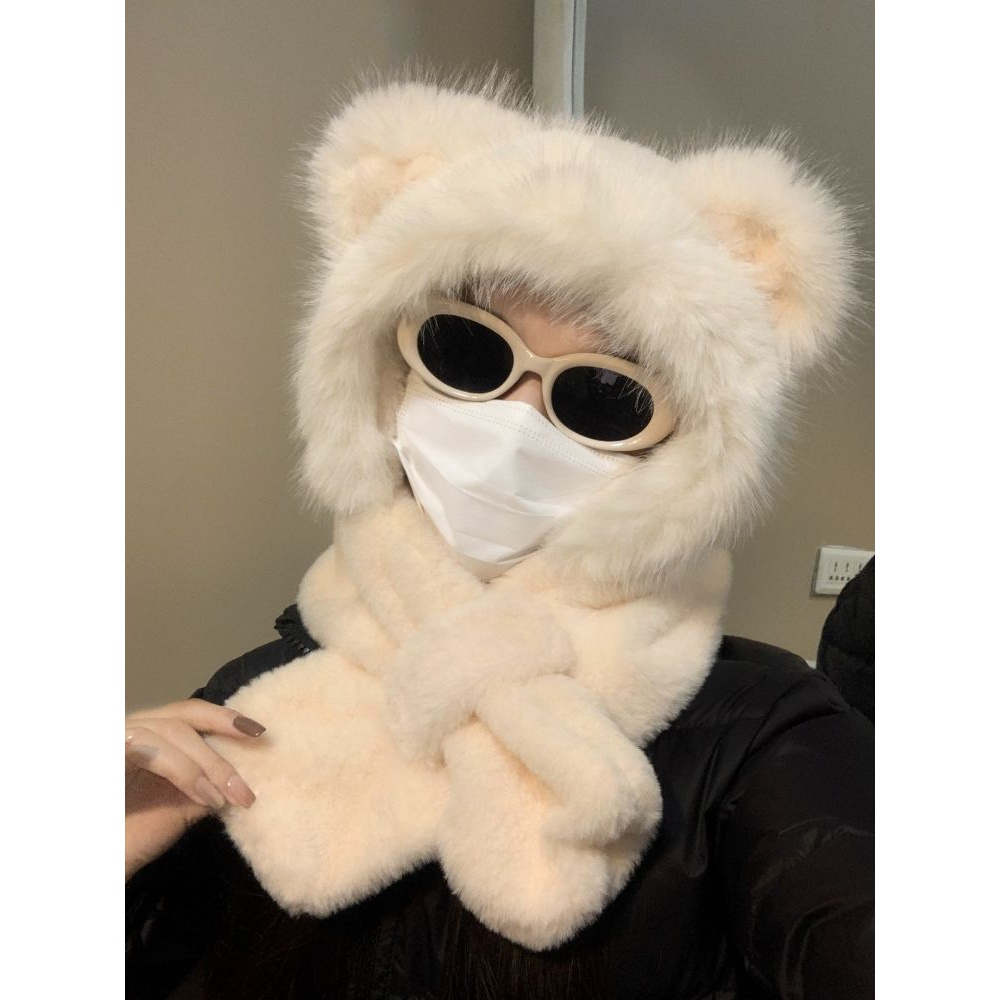 【现货发】可爱毛绒帽子围巾一体女冬季小熊帽子保暖加厚护耳帽防