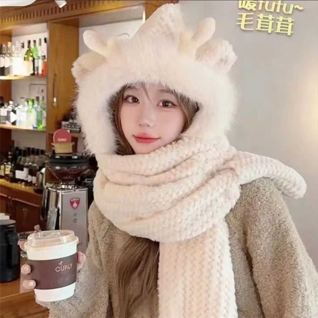 可爱鹿角帽子围巾一体女冬季加绒毛绒围脖加厚护耳保暖包头帽骑车