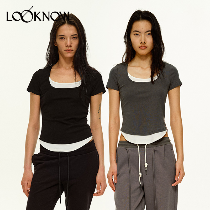 madeinnormal设计师品牌LOOKNOW24新款弧形摆撞色假两件T恤