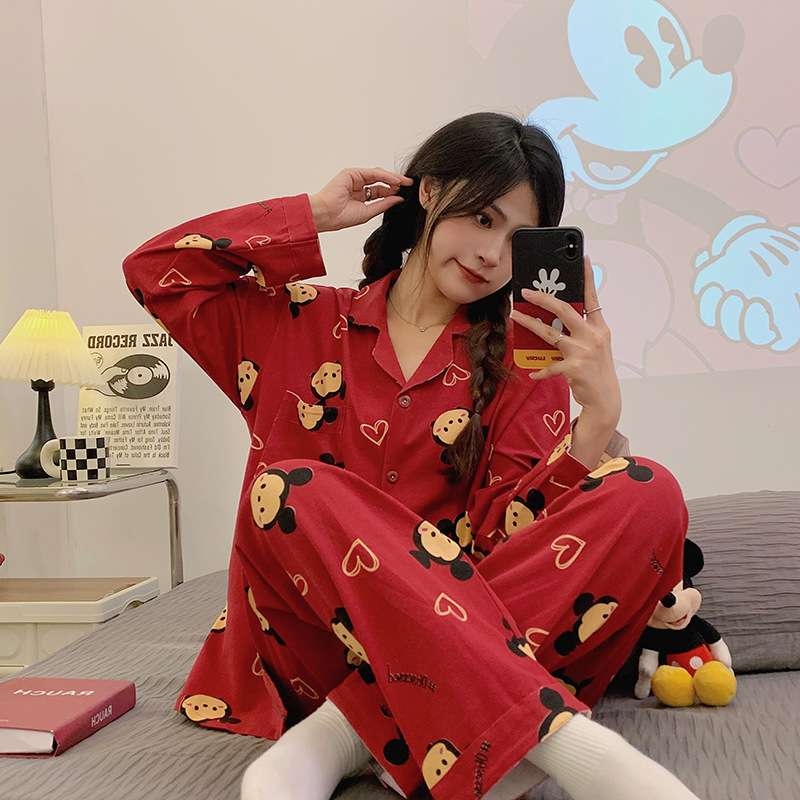 2024年睡衣女春秋季新款长袖本命年红色喜庆卡通米老鼠家居服两件