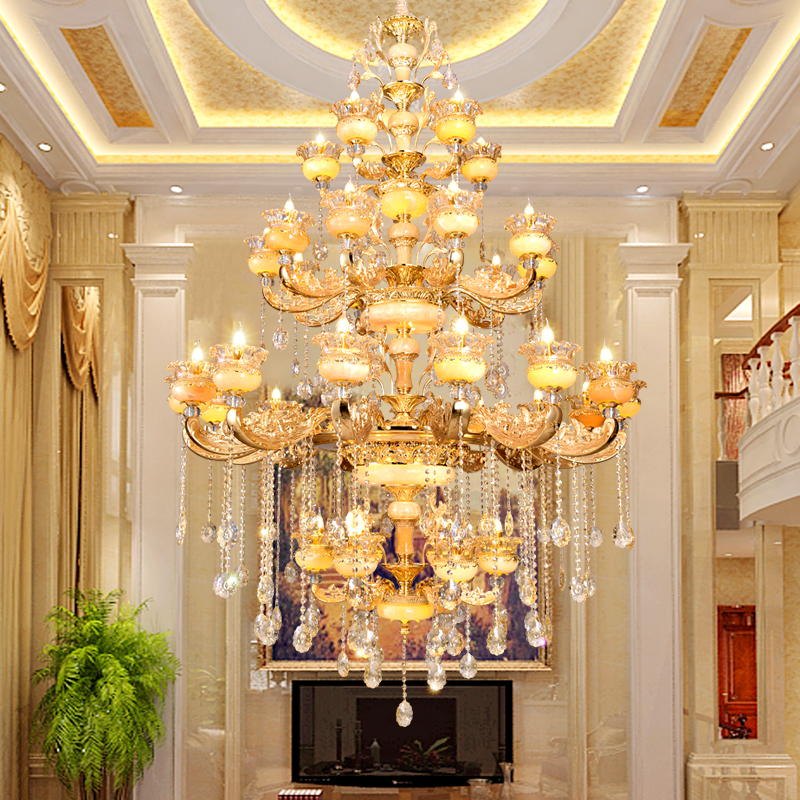 别墅客厅大吊灯复式楼锌合金欧式吊灯楼中楼挑空跃层天然玉石灯具
