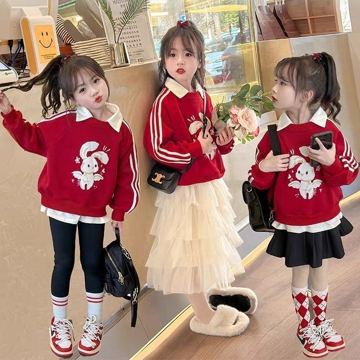 女童卫衣新款儿童衬衫领红色兔子上衣2023新款洋气春秋款卫衣潮