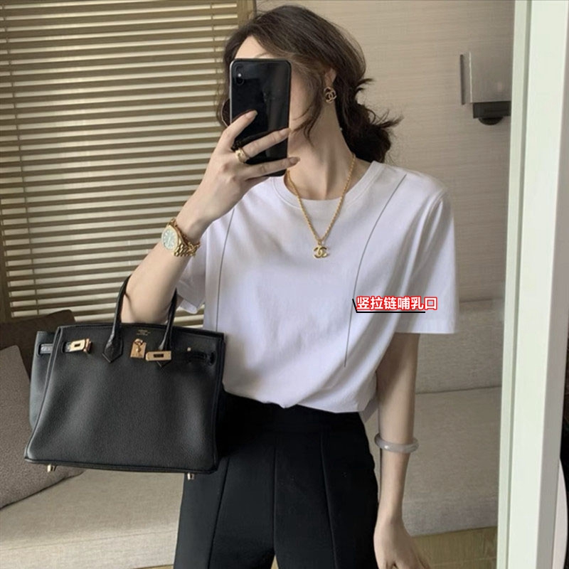 夏季百搭正肩纯色休闲哺乳衣简约时尚竖拉链方便产后T恤喂奶上衣