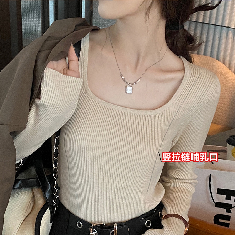 哺乳衣打底衫春秋装长袖针织竖拉链方便产后外出内搭修身喂奶上衣