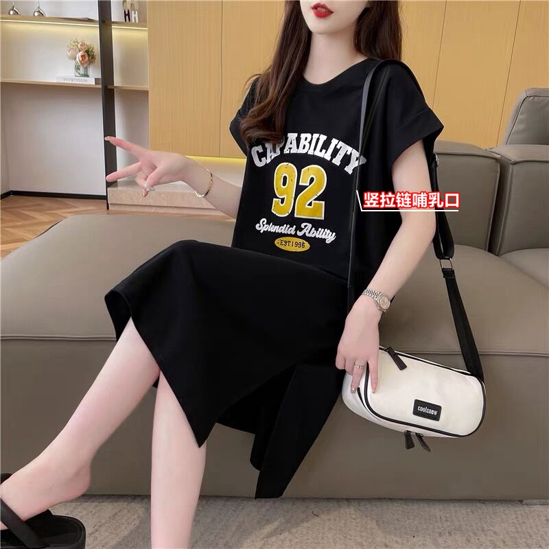 夏季竖拉链方便产后母乳喂奶连衣裙过膝哺乳T恤裙时尚中长款外出