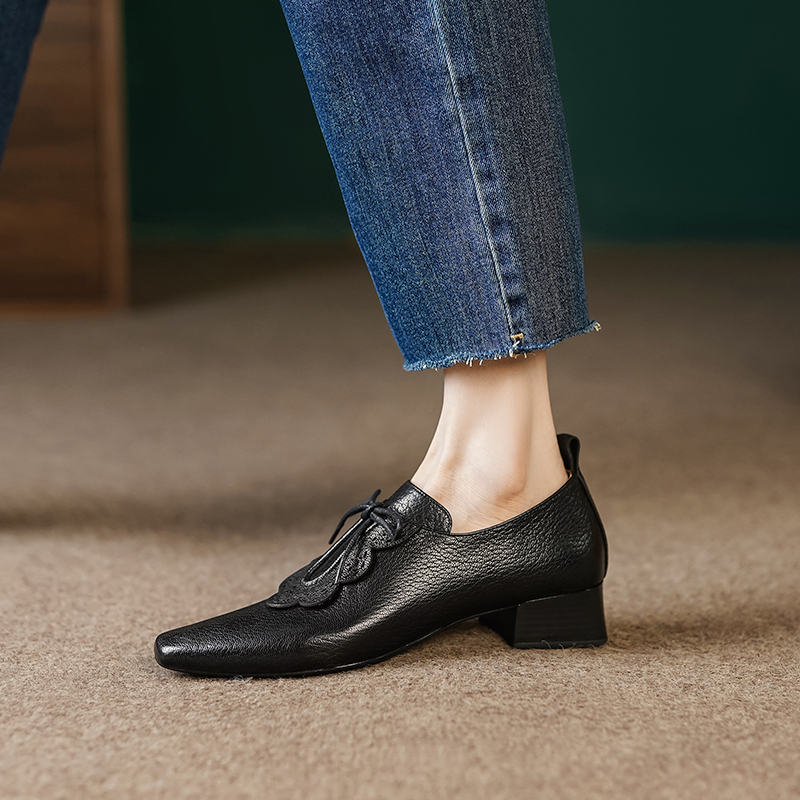 3cm/羊皮/真皮粗跟深口单鞋女高级感软底软面配裤子中跟小皮鞋女