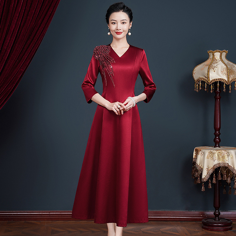 【长款+短款】高端缎面喜妈妈礼服裙年轻时尚气质喜婆婆婚宴连衣裙J