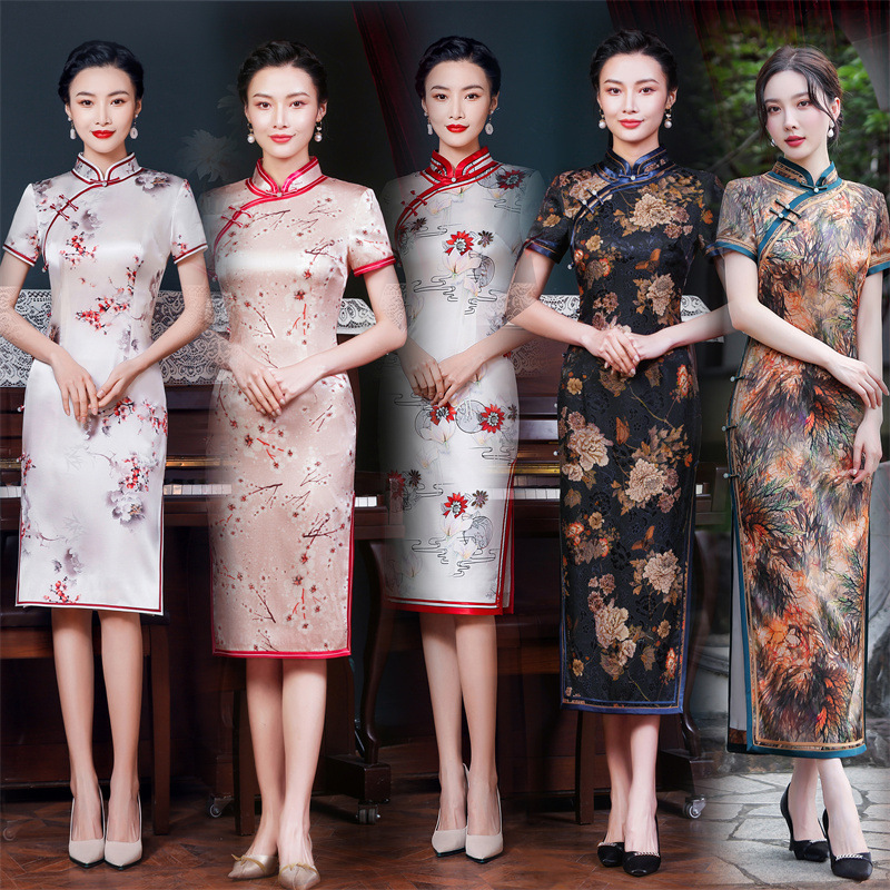 2024春夏桑蚕丝小个子旗袍手工婚宴礼服喜妈妈气质时尚显瘦复古HQ