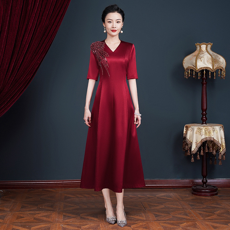【长款+短款】高端缎面喜妈妈礼服裙年轻时尚气质喜婆婆婚宴连衣裙J