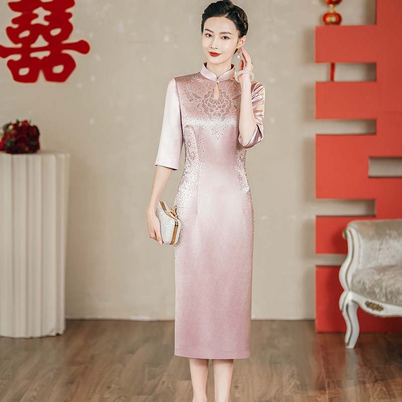 【多色】进口三醋酸两侧开叉改良旗袍修身显瘦喜妈妈婆婆婚宴礼服Y
