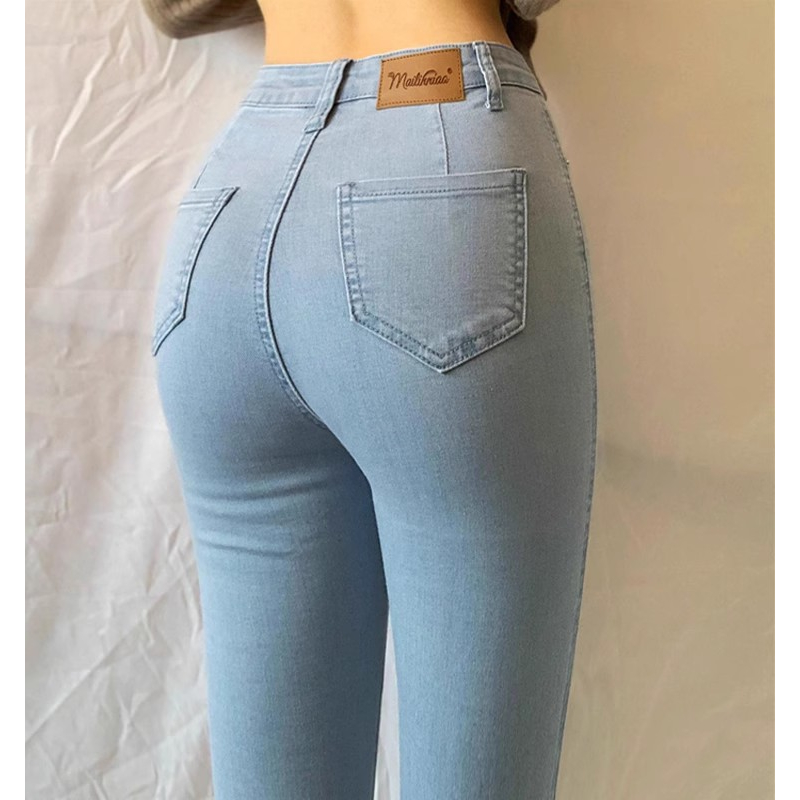 浅蓝色牛仔裤女2024秋冬新款高腰提臀小脚裤弹力紧身加绒铅笔长裤