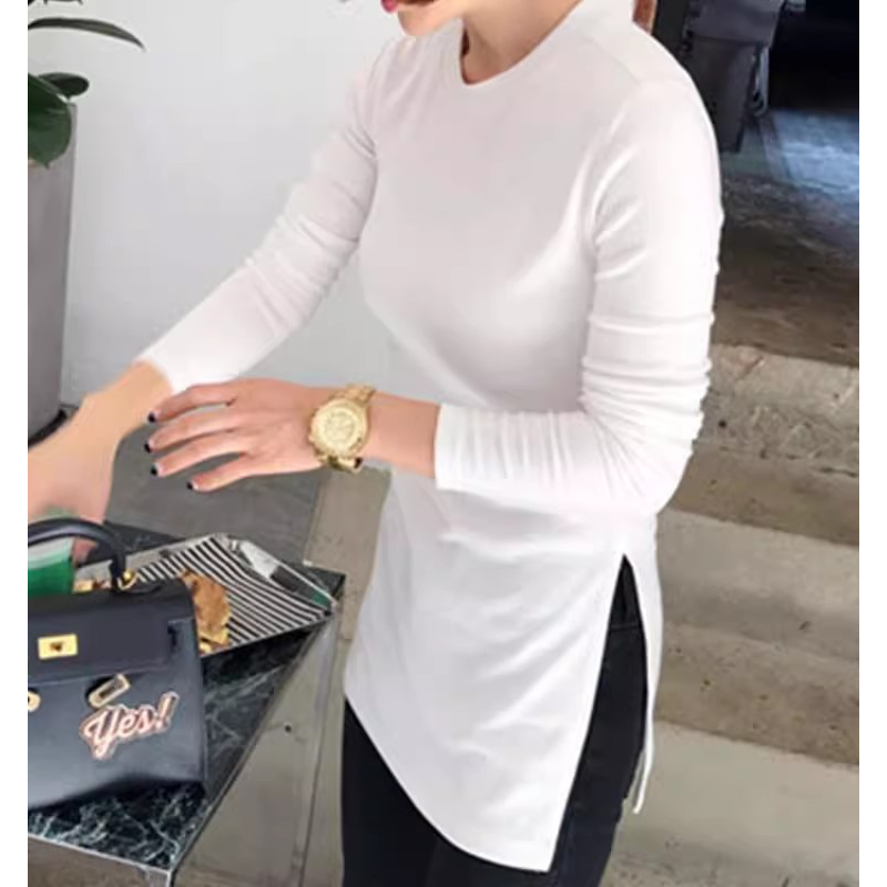 中长款开叉长袖T恤女秋冬白色圆领正肩遮屁股上衣修身加绒打底衫