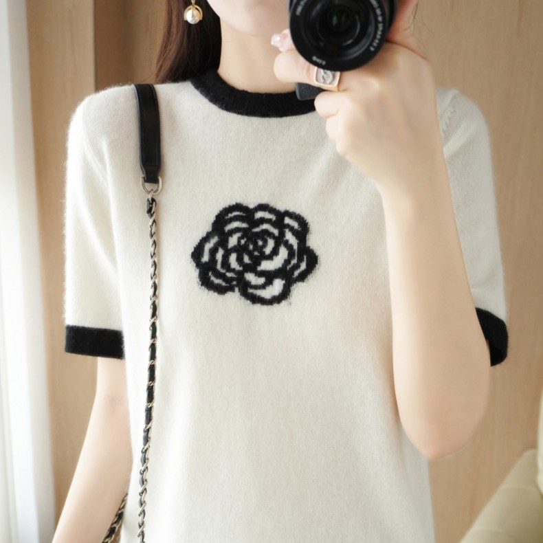 毛衣新款小圆领百搭针织短袖打底衫宽松显瘦白色时尚打底薄款