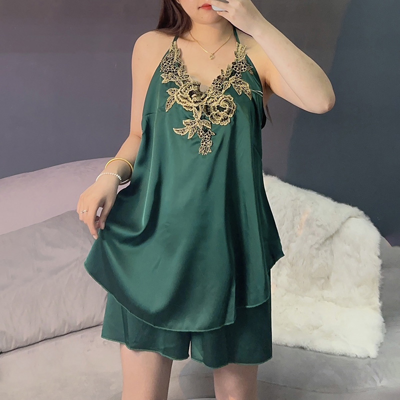 中式重工绣花睡衣蕾丝女夏吊带薄款大码花卉印花清凉中式短套装