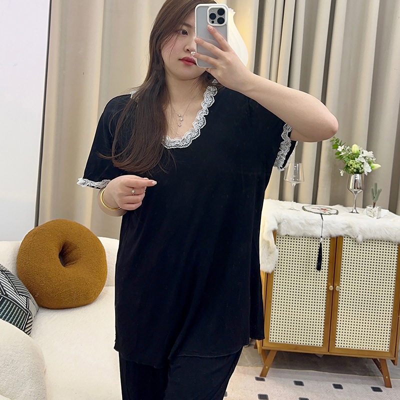 女大码春夏季甜美纯色睡衣家居服后背交叉吊带性感蕾丝宽松套装