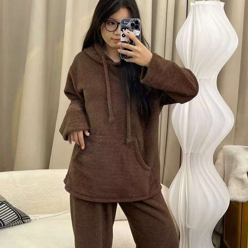 韩系睡衣女大码秋冬加绒加厚保暖连帽口袋米粒绒家居服可外穿套装