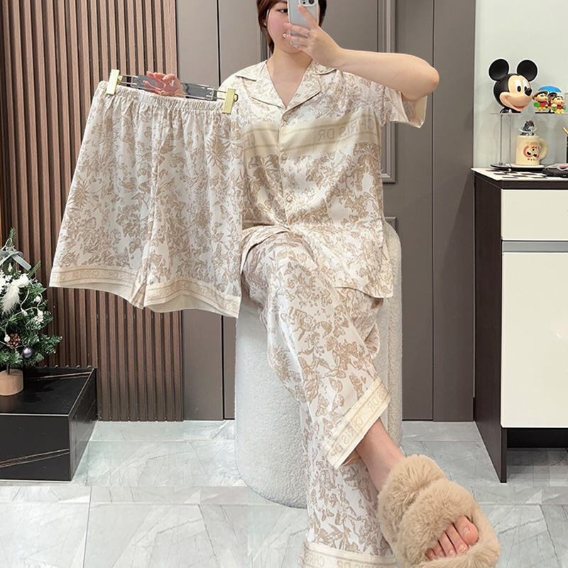 女大码睡衣3件套家居服印花中国风春夏中式水墨印花