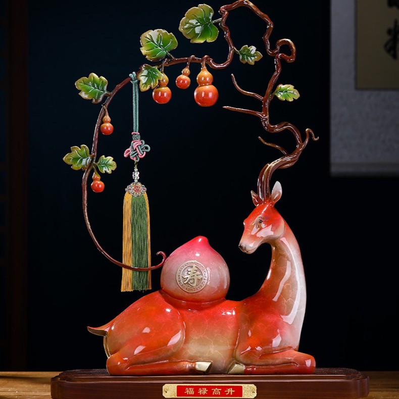 铜韵《福鹿寿》全铜工艺品 客厅玄关电视柜祝寿装饰品送长辈摆件