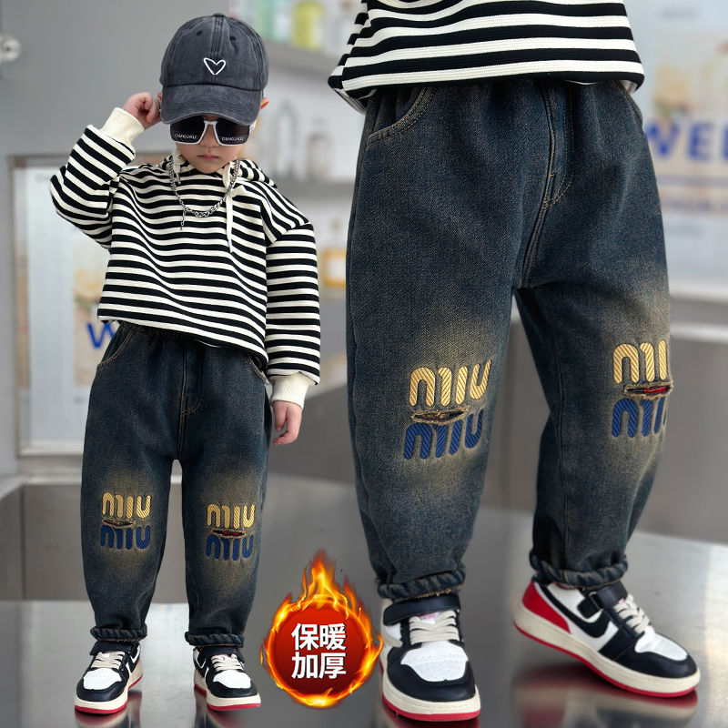 男童裤子秋冬款2-8岁帅气男孩一体绒裤宝宝加绒加厚牛仔裤冬装潮