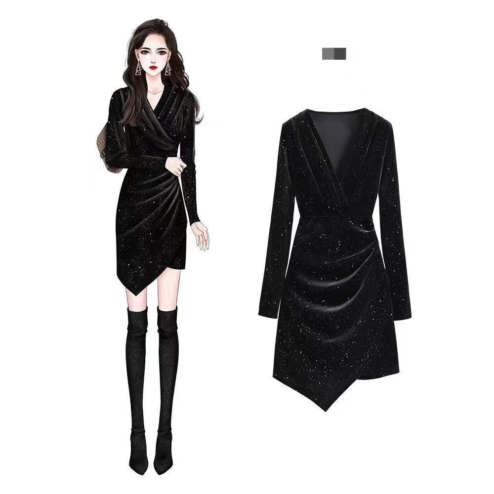 依百佳服饰 黑色时尚 款连衣裙修身 圆领 显瘦 长袖 黑色 收腰 